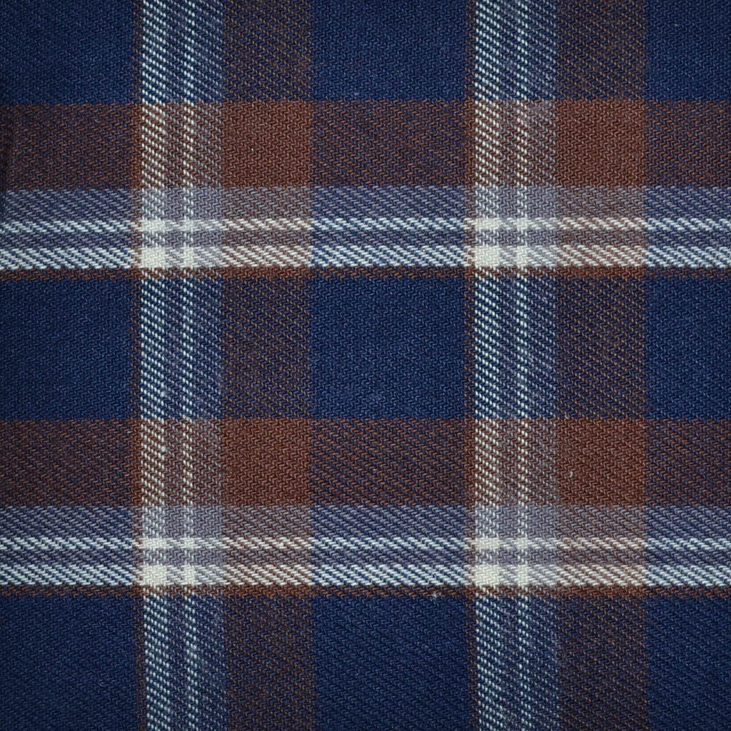 Navy Blue, White and Brown Plaid Check Brushed Check Cotton Shirting