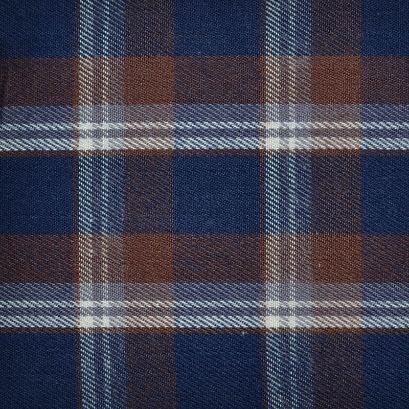 Navy Blue, White and Brown Plaid Check Brushed Check Cotton Shirting