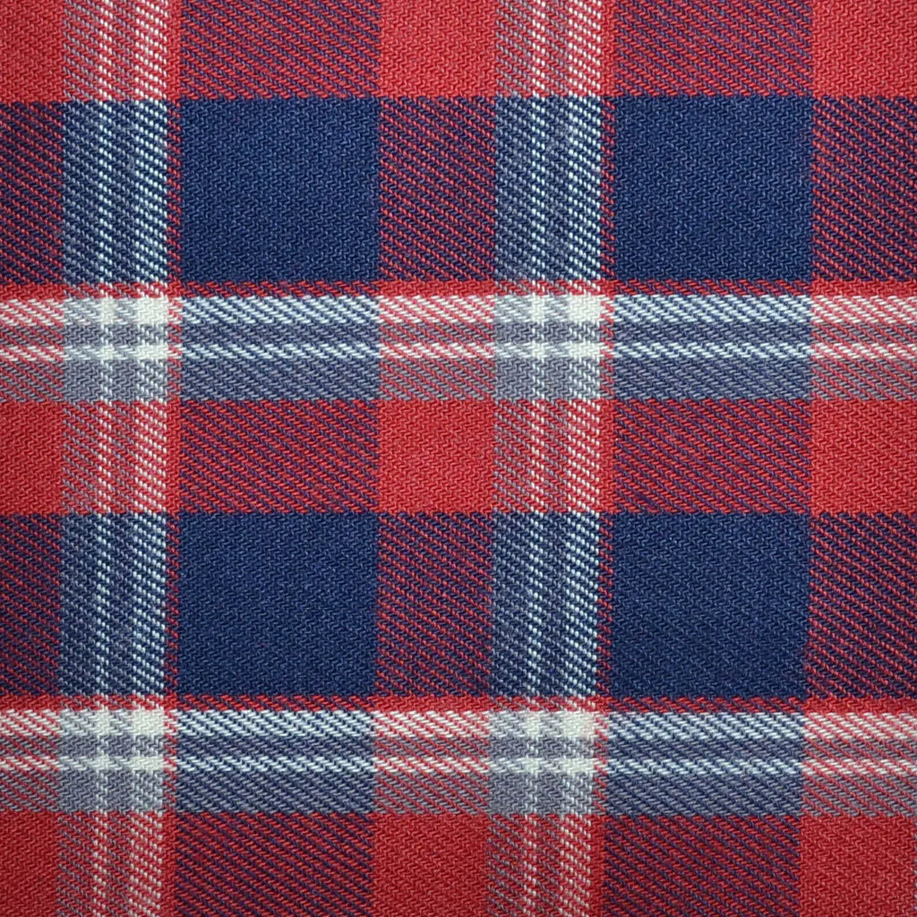 Navy Blue, White and Red Plaid Check Brushed Check Cotton Shirting