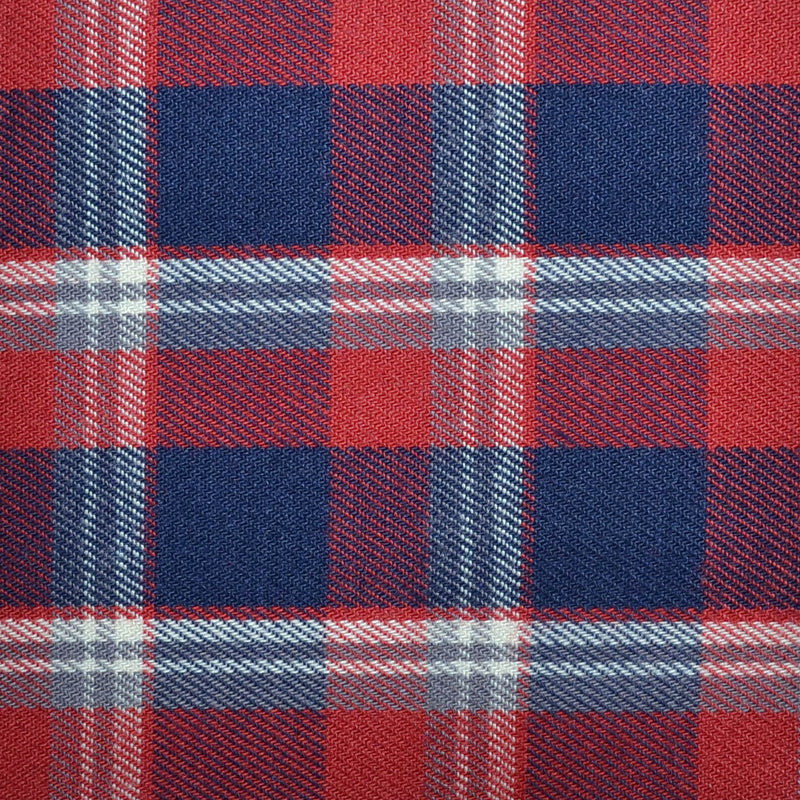 Navy Blue, White and Red Plaid Check Brushed Check Cotton Shirting