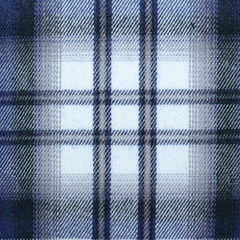White, Grey and Navy Blue Plaid Check Brushed Check Cotton Shirting