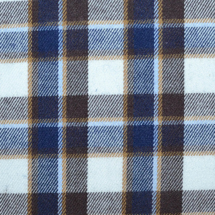 Ecru, Navy Blue and Brown Plaid Check Brushed Check Cotton Shirting