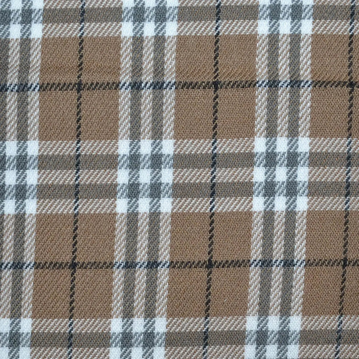 Light Brown, White and Moss Green Plaid Check Brushed Check Cotton Shirting