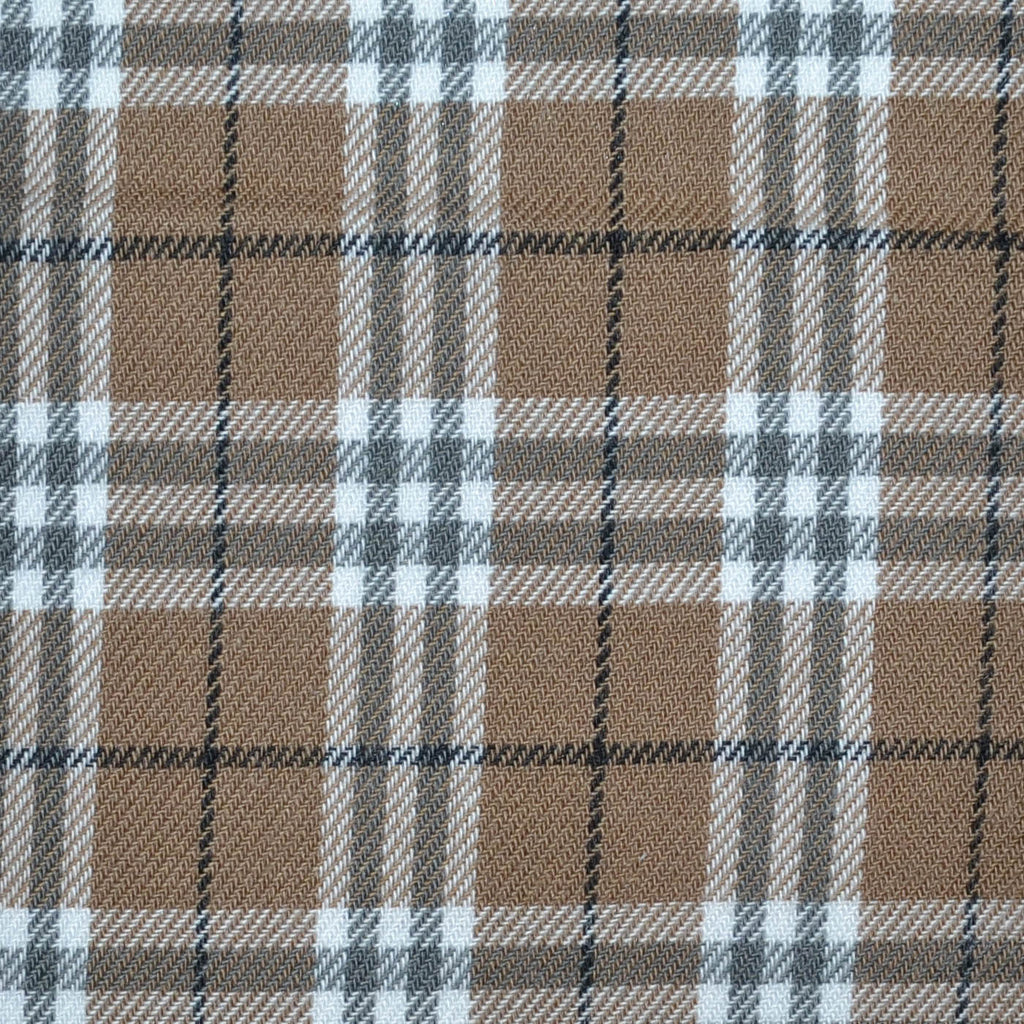 Light Brown, White and Moss Green Plaid Check Brushed Check Cotton Shirting