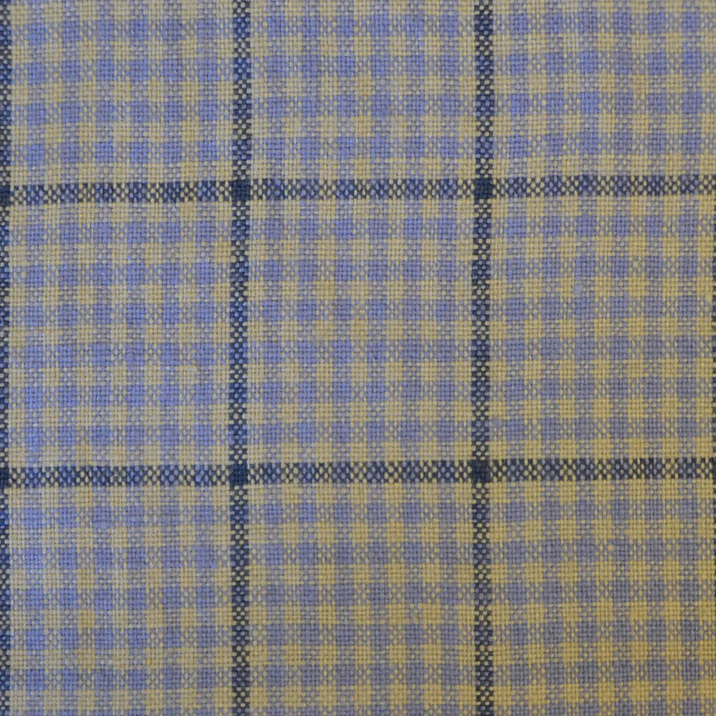 Light Blue and Beige Check with Navy Blue Windowpane Check Linen