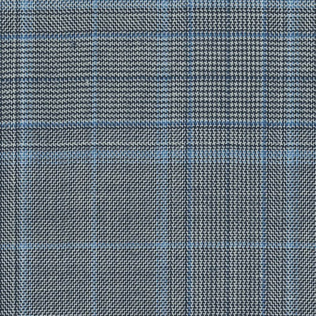Light Blue Split Matt Check Fancy 2 5/16 x 2 3/4 inch Super 140's All Wool Suiting By Holland & Sherry