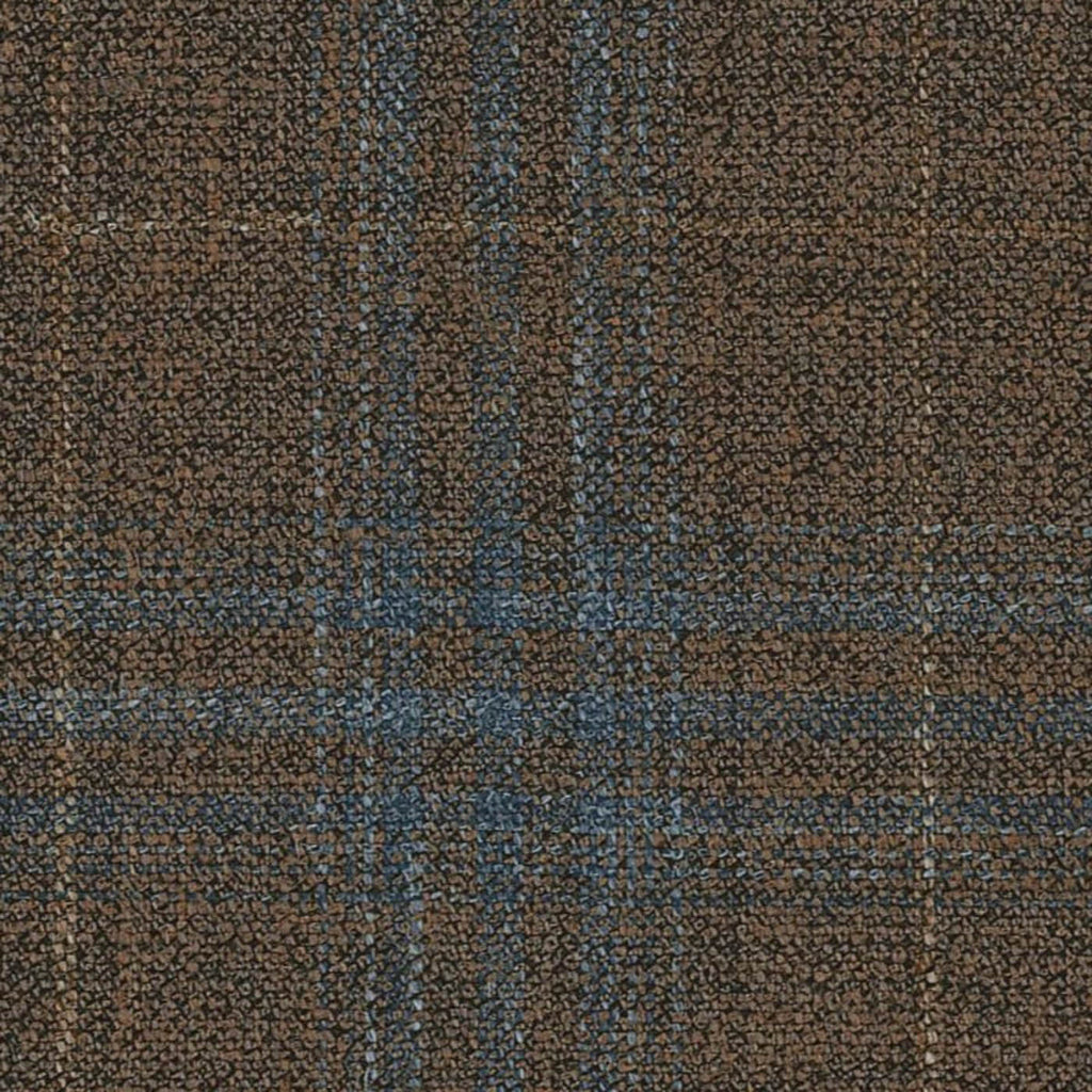 Brown and Slate Blue Diffused Plaid Check Wool, Silk & Linen Jacketing by Holland & Sherry