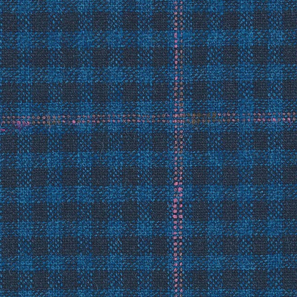 Royal Blue Gun Club with Pink Tramline Windowpane Check Wool, Silk & Linen Jacketing by Holland & Sherry