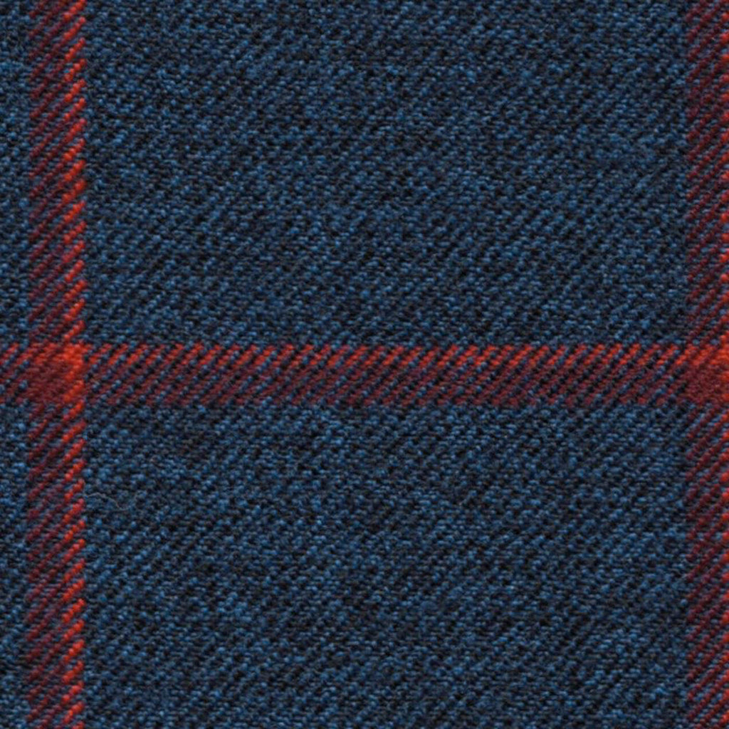Navy Blue with Maroon & Cherry Windowpane Check Worsted Wool Tweed By Holland & Sherry