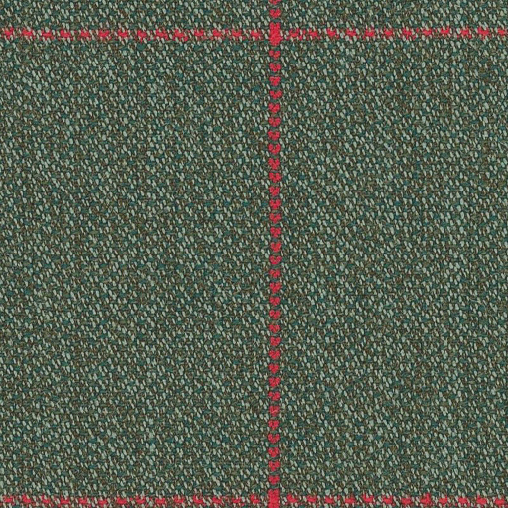 Olive and Tan Barleycorn with Cherry Windowpane Check Worsted Wool Tweed By Holland & Sherry