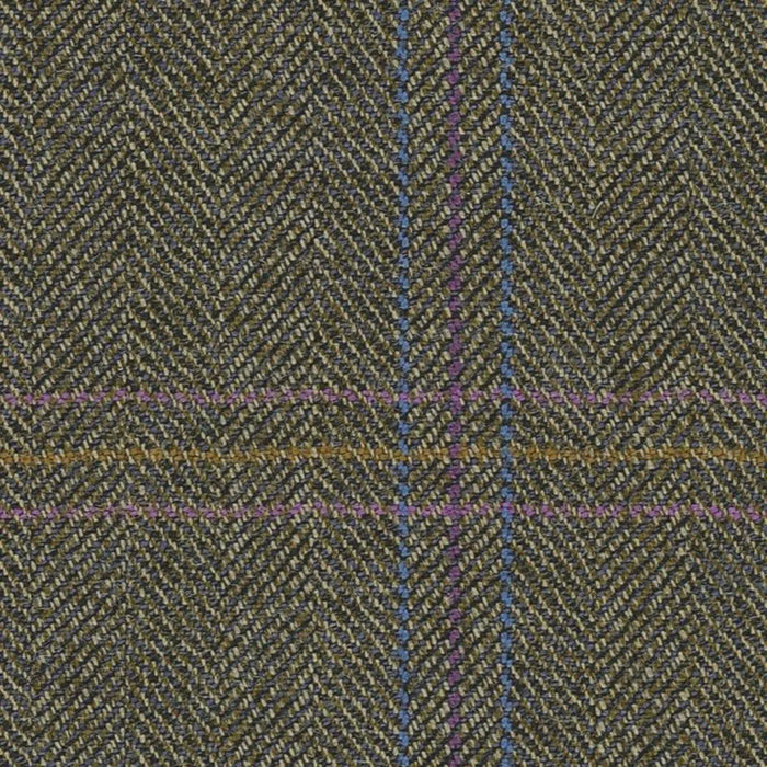 Moss Green/Brown with Heather & Mustard Herringbone with Tramline Windowpane Check Worsted Wool Tweed By Holland & Sherry