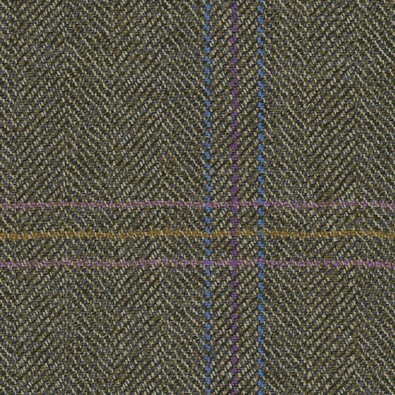 Moss Green/Brown with Heather & Mustard Herringbone with Tramline Windowpane Check Worsted Wool Tweed By Holland & Sherry