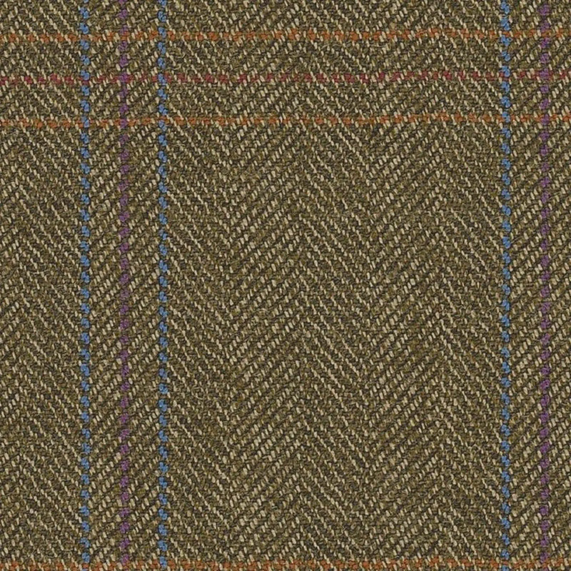 Medium Brown Herringbone with Blue, Tan & Heather Tramline Windowpane Check Worsted Wool Tweed By Holland & Sherry