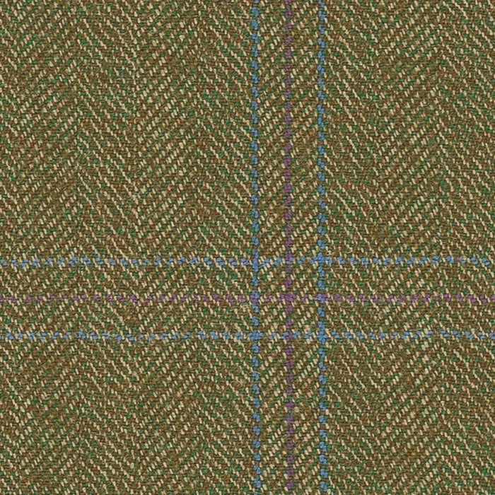 Olive Green Herringbone with Heather & Blue Tramline Windowpane Check Worsted Wool Tweed By Holland & Sherry
