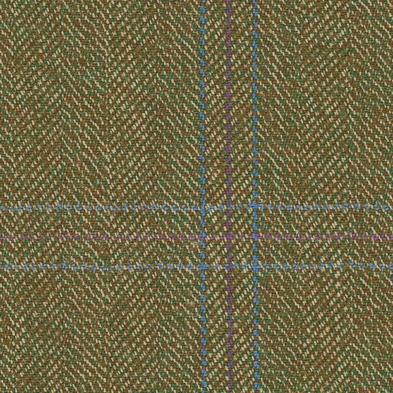 Olive Green Herringbone with Heather & Blue Tramline Windowpane Check Worsted Wool Tweed By Holland & Sherry