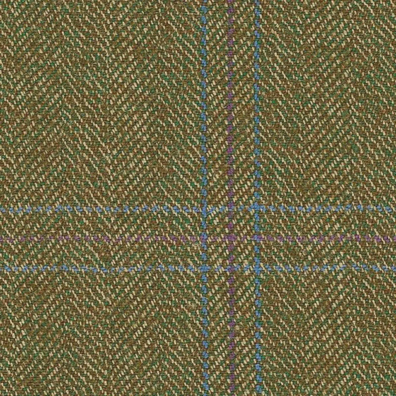 Olive Green Herringbone with Heather & Blue Tramline Windowpane Check Worsted Wool Tweed By Holland & Sherry