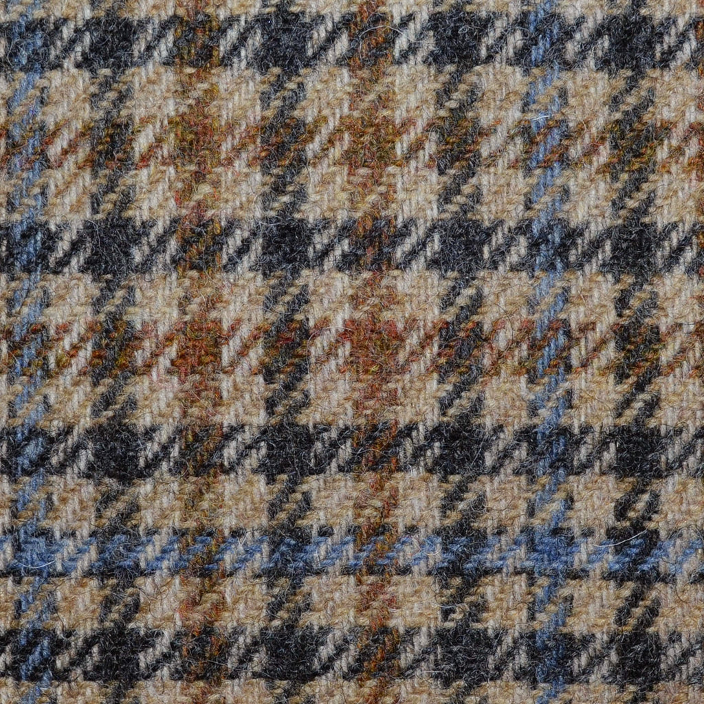 Beige, Brown and Blue Gun Check All Wool Irish Donegal Tweed
