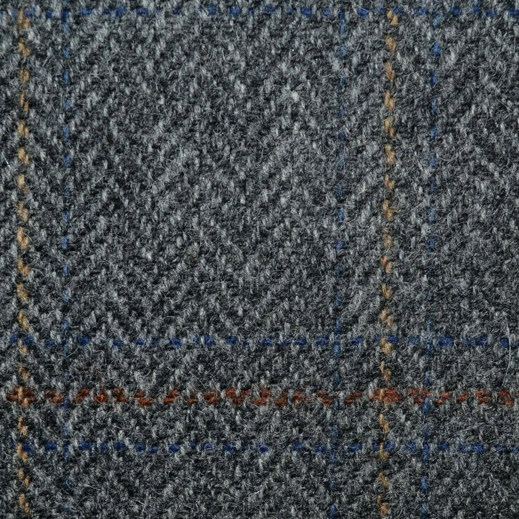 Grey Herringbone with Tan and Sand Windowpane Check All Wool Irish Donegal Tweed