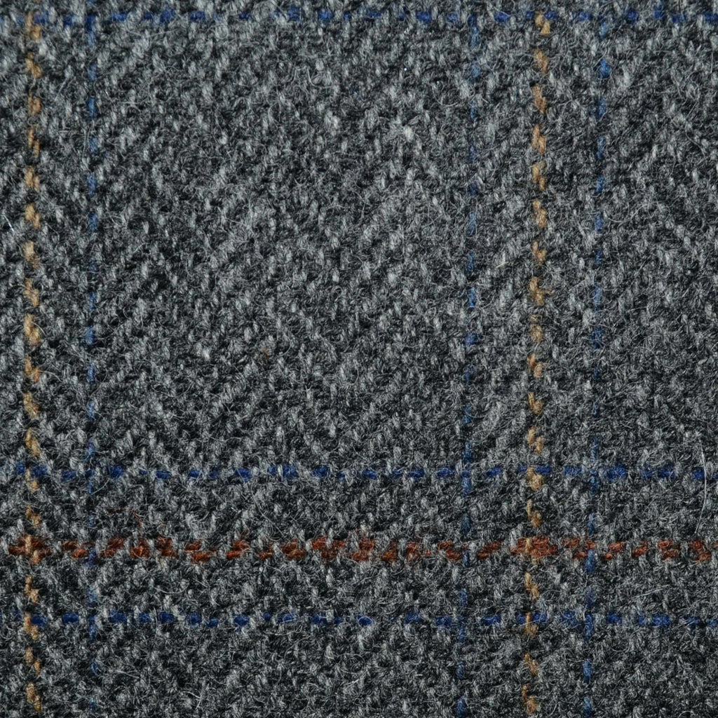 Grey Herringbone with Tan and Sand Windowpane Check All Wool Irish Donegal Tweed