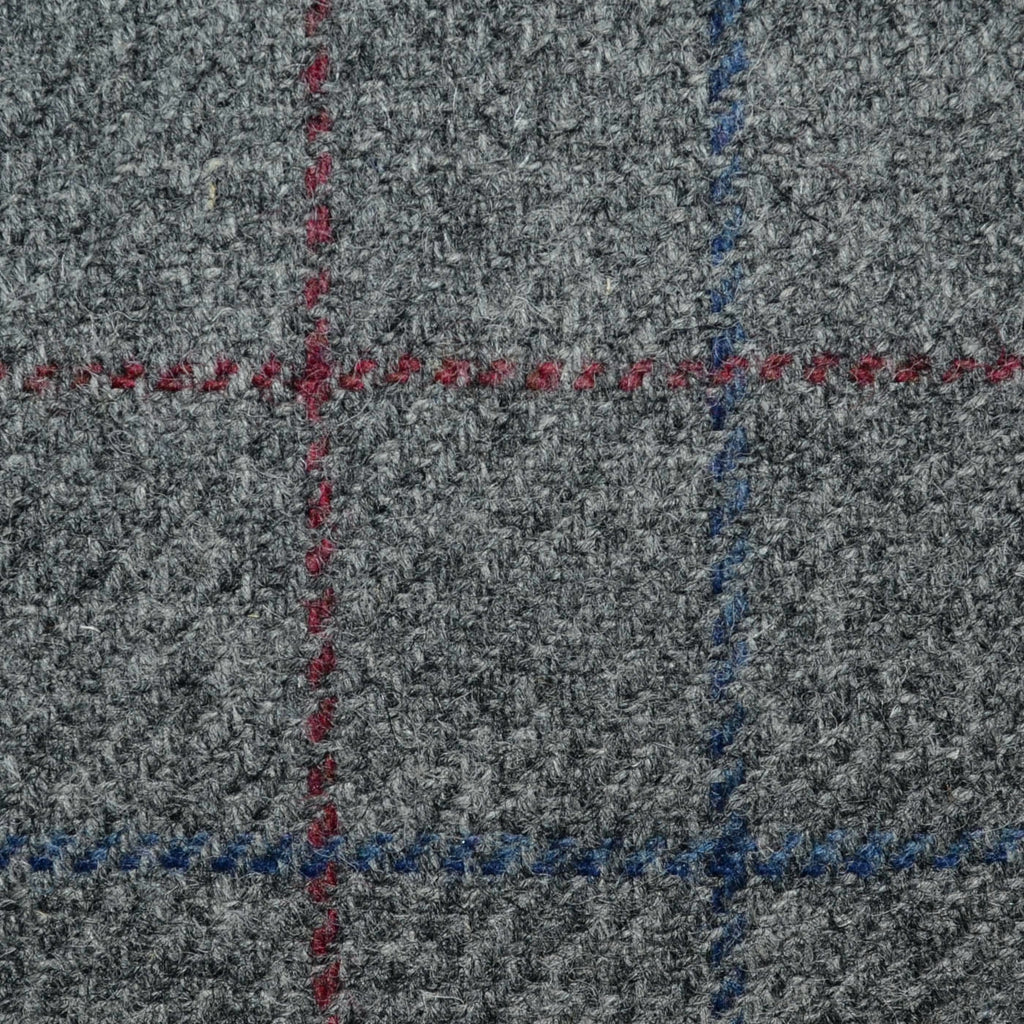 Medium Grey with Burgundy and Blue Check All Wool Irish Donegal Tweed