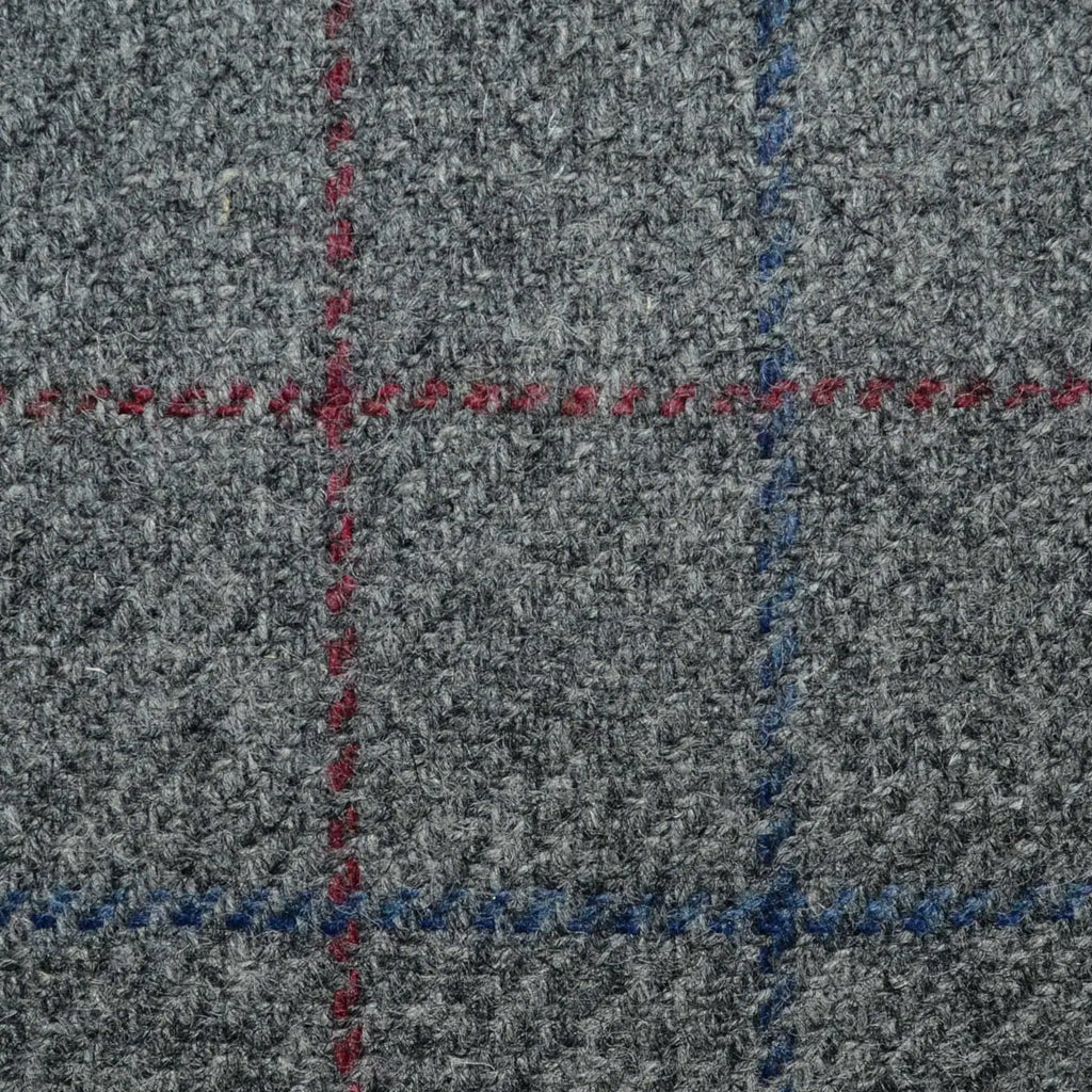 Medium Grey with Burgundy and Blue Check All Wool Irish Donegal Tweed