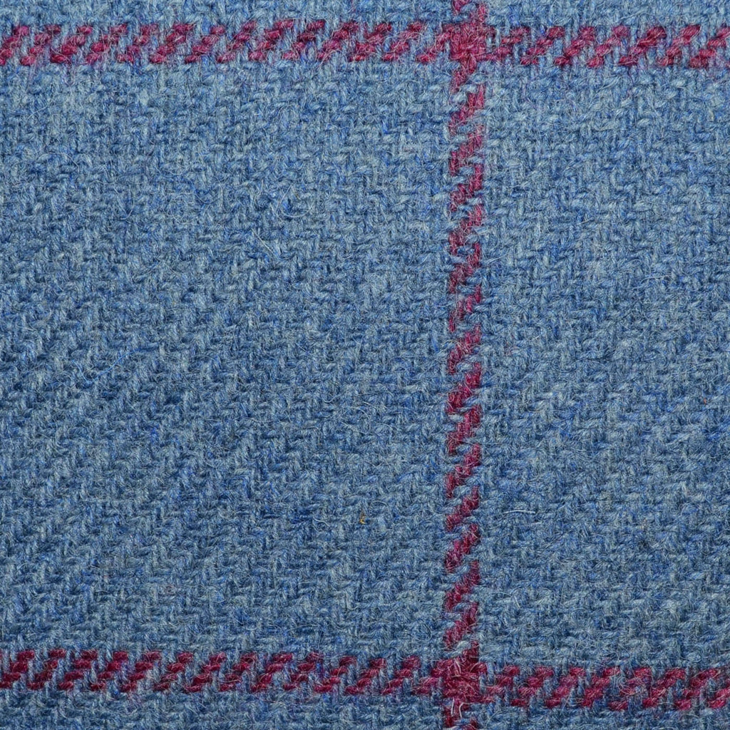 Light Blue with Claret Windowpane Check All Wool Irish Donegal Tweed