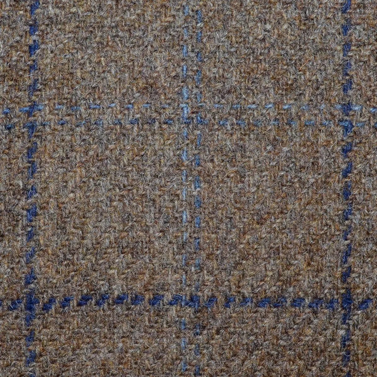 Medium Brown with Medium Blue and Navy Blue Check All Wool Irish Donegal Tweed