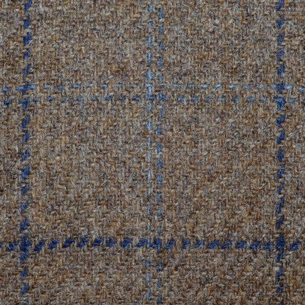 Medium Brown with Medium Blue and Navy Blue Check All Wool Irish Donegal Tweed