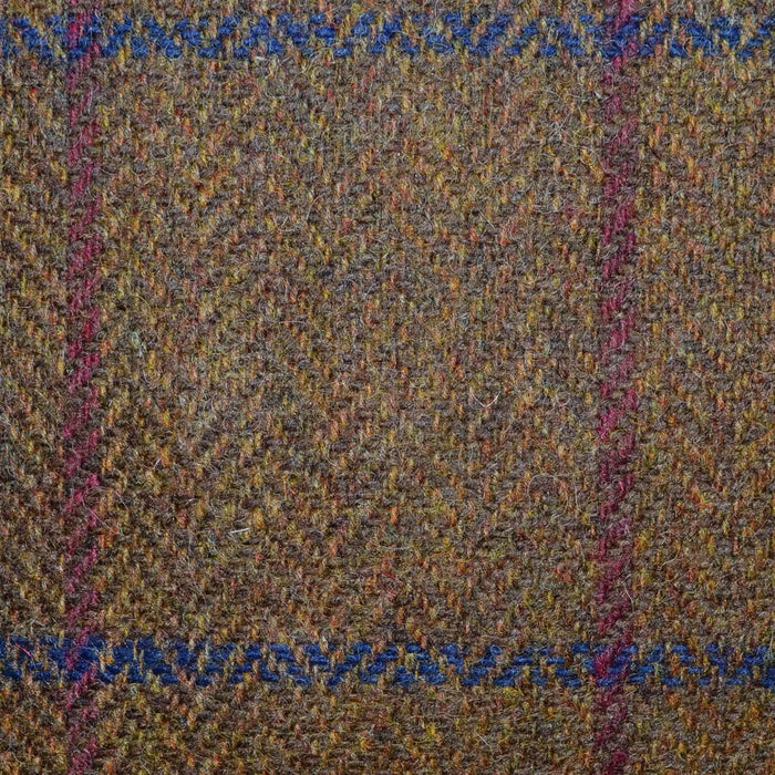 Medium Brown Herringbone with Red and Blue Windowpane Check All Wool Irish Donegal Tweed