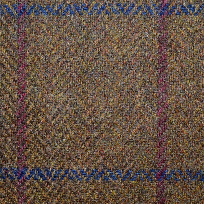 Medium Brown Herringbone with Red and Blue Windowpane Check All Wool Irish Donegal Tweed