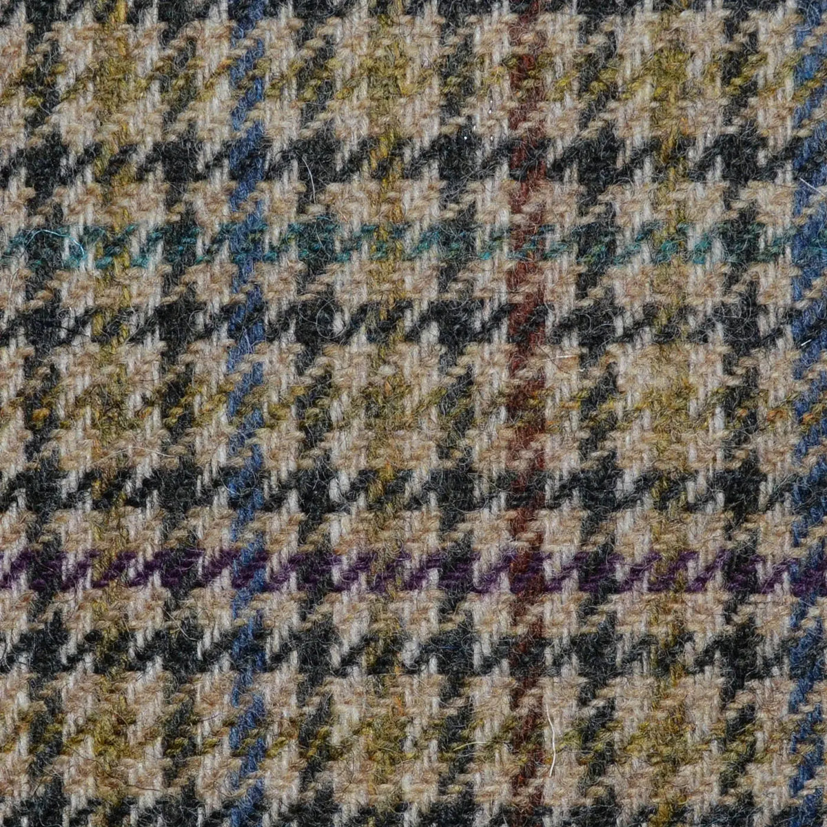 Beige with Green, Teal and Magenta Dogtooth Check All Wool Irish Donegal Tweed