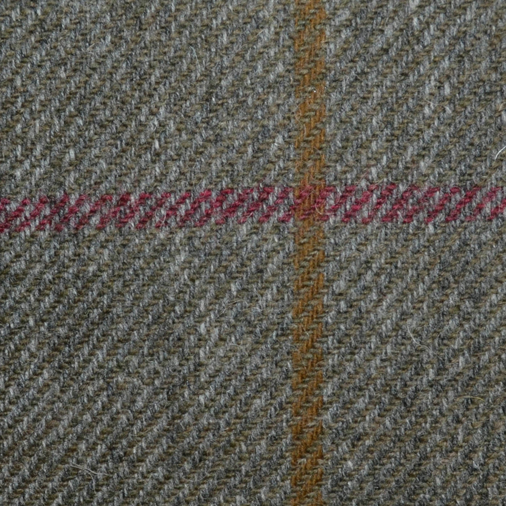 Grey/Brown with Tan and Claret Windowpane Check All Wool Irish Donegal Tweed