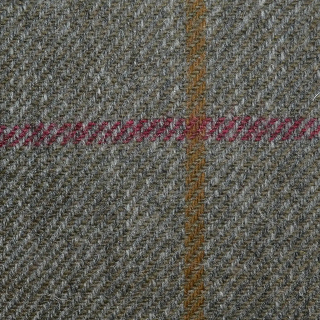 Grey/Brown with Tan and Claret Windowpane Check All Wool Irish Donegal Tweed