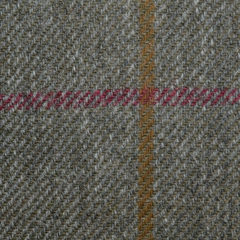 Grey/Brown with Tan and Claret Windowpane Check All Wool Irish Donegal Tweed