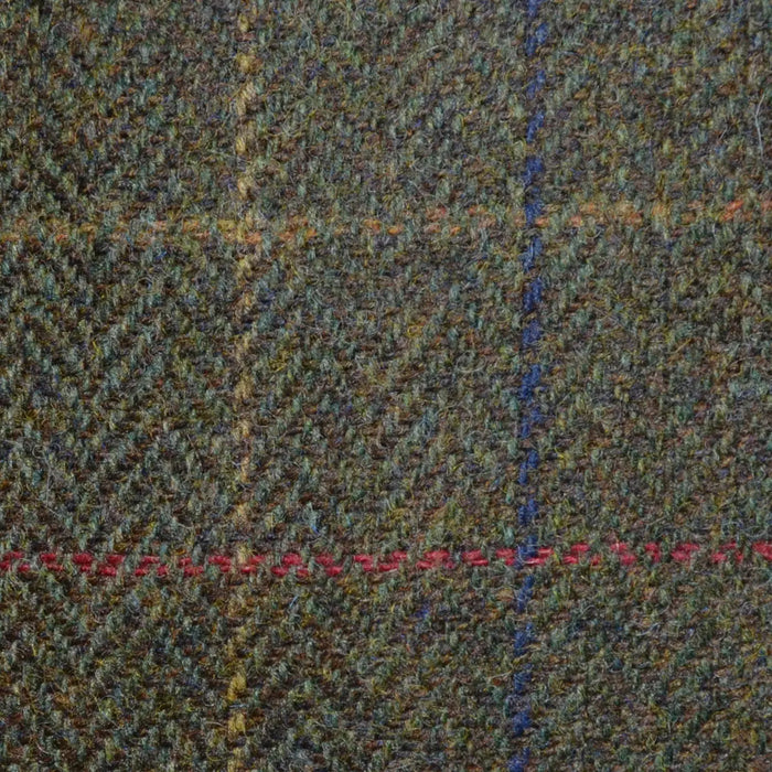 Moss Green/Brown Herringbone with Sand, Red and Navy Blue Check All Wool Irish Donegal Tweed