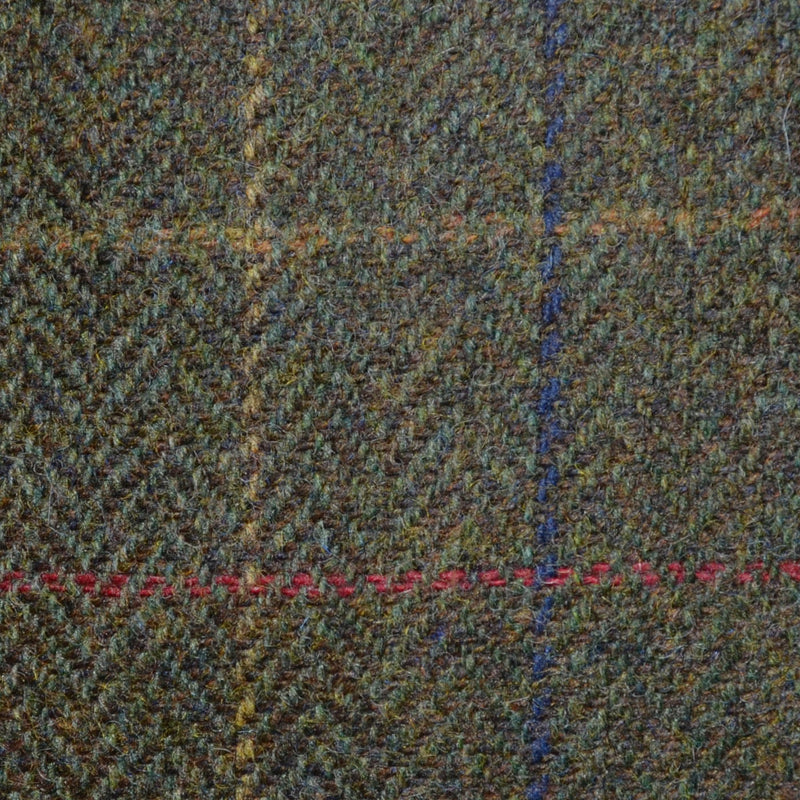 Moss Green/Brown Herringbone with Sand, Red and Navy Blue Check All Wool Irish Donegal Tweed