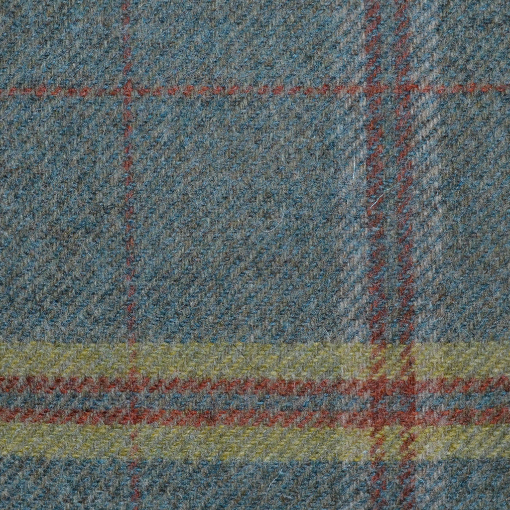 Moss Green with Olive Green, Red and Orange Multi Check All Wool Tweed Coating