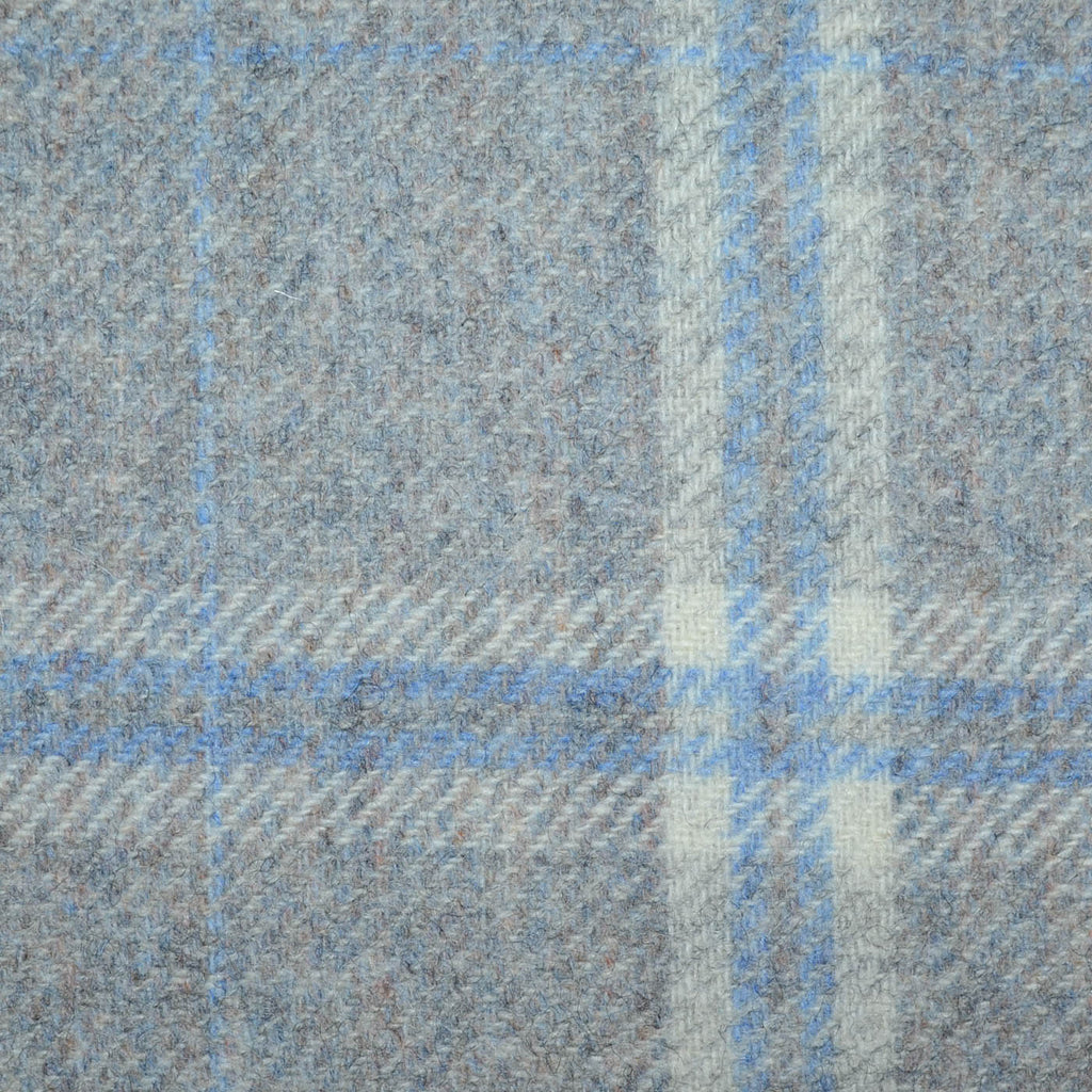 Light Grey with Ecru and Blue Multi Check All Wool Tweed Coating