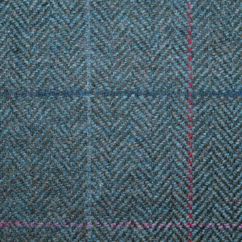 Moss Green and Dark Green Herringbone with Navy Blue, Pink and Red Multi Check All Wool Tweed Coating