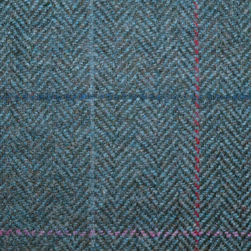 Moss Green and Dark Green Herringbone with Navy Blue, Pink and Red Multi Check All Wool Tweed Coating