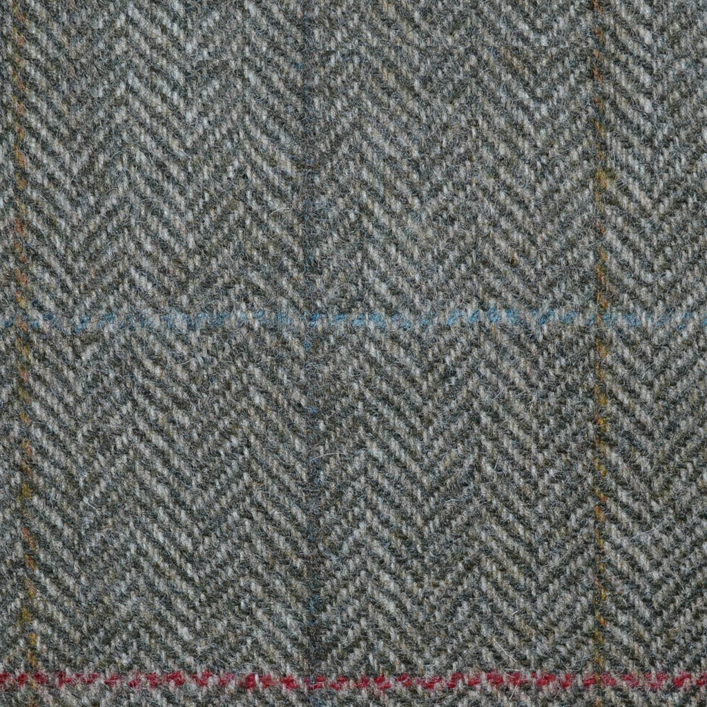 Moss Green and Brown Herringbone with Red, Blue and Brown Multi Check All Wool Tweed Coating