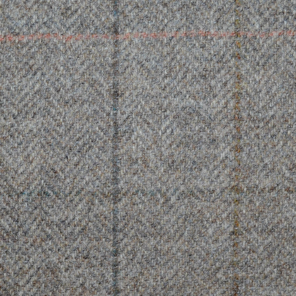Beige and Natural Herringbone with Brown and Coral Multi Check All Wool Tweed Coating