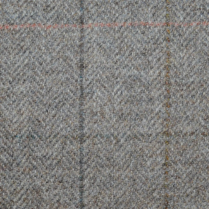 Beige and Natural Herringbone with Brown and Coral Multi Check All Wool Tweed Coating