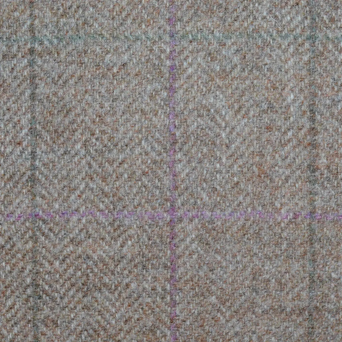 Sand and Brown Herringbone with Lilac and Olive Green Multi Check All Wool Tweed Coating