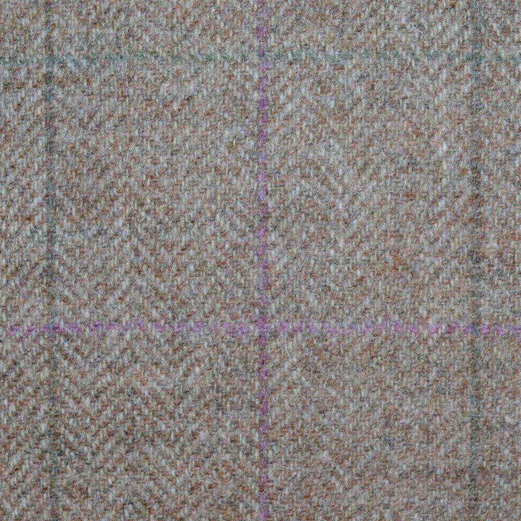 Sand and Brown Herringbone with Lilac and Olive Green Multi Check All Wool Tweed Coating