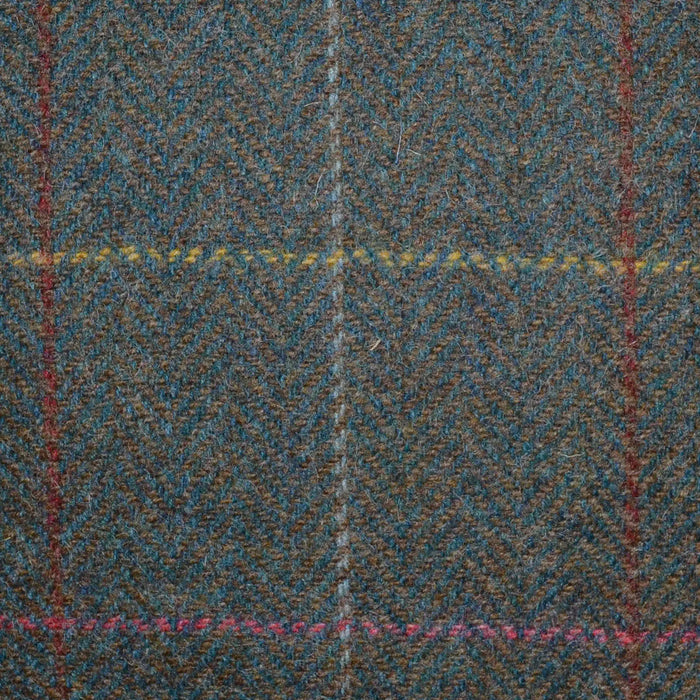 Moss Green and Brown Herringbone with Red, Pink and Yellow Multi Check All Wool Tweed Coating