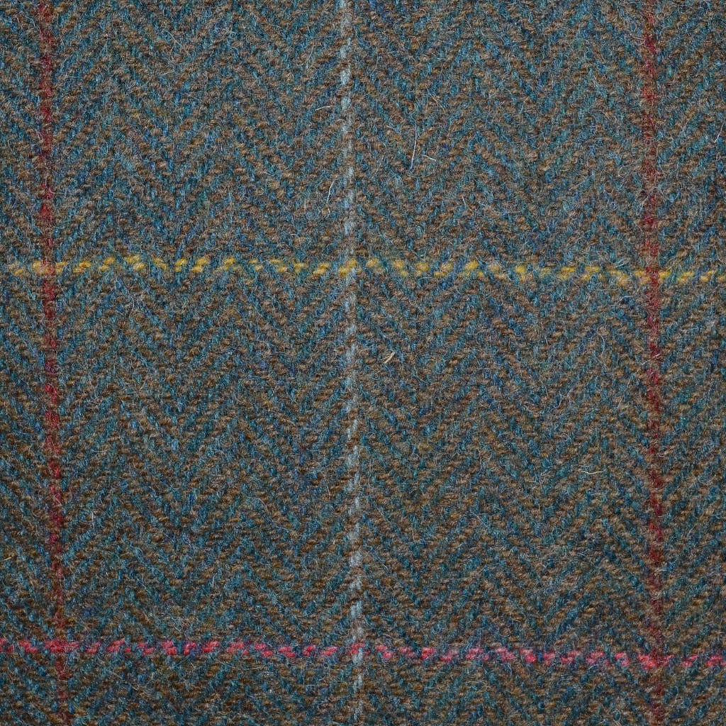 Moss Green and Brown Herringbone with Red, Pink and Yellow Multi Check All Wool Tweed Coating