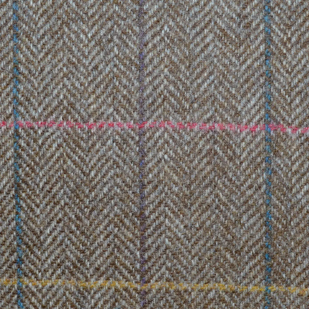 Brown and Beige Herringbone with Green, Pink and Ochre Multi Check All Wool Tweed Coating