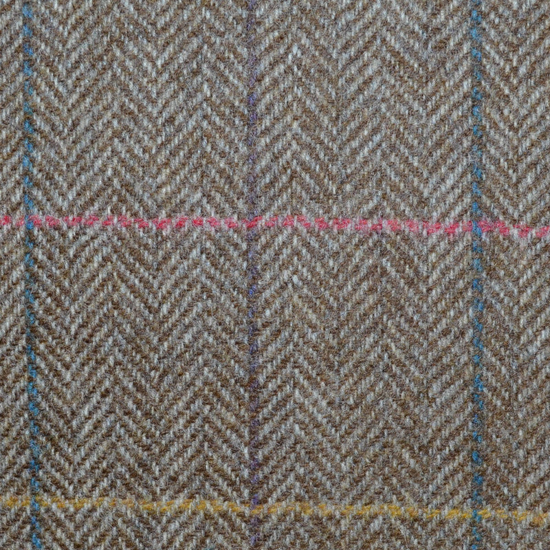 Brown and Beige Herringbone with Green, Pink and Ochre Multi Check All Wool Tweed Coating