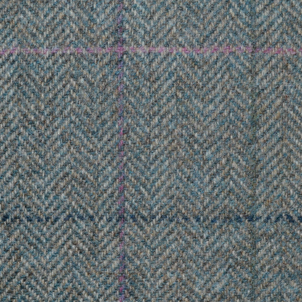 Green and Beige Herringbone with Navy Blue, Purple and Lilac Multi Check All Wool Tweed Coating